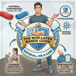 An informative infographic showing how to use and care for your non latex workout bands.