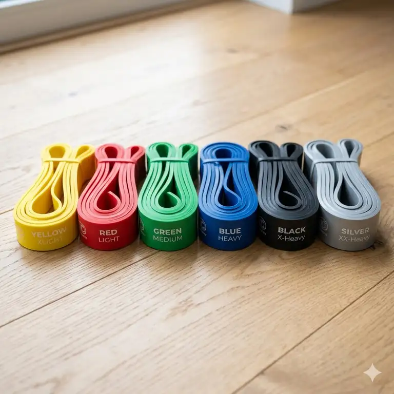 A full set of various therapy bands colors displayed on a wooden surface.