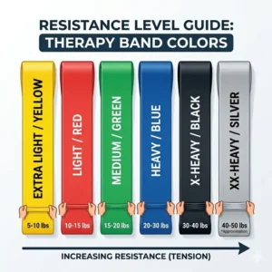 A graphic chart explaining the therapy bands colors and their resistance levels.