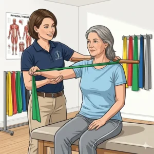 An illustration showing physical therapy bands colors being used for a shoulder exercise.