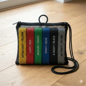 A compact carrying pouch for storing therapy bands colors.