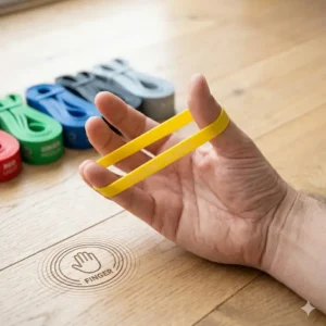 An illustration of hand rehabilitation exercises using therapy bands colors.