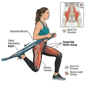 Detailed anatomical diagram showing the muscles activated during a resistance band hip flexor workout.