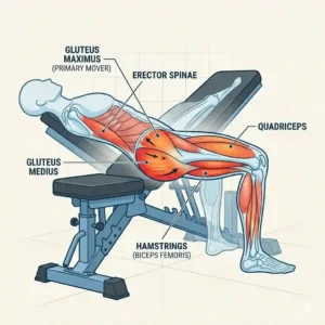 Illustration showing primary muscle groups targeted by a glute bench, highlighting the gluteus maximus and hamstrings.