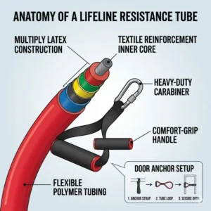 Digital illustration showing the layered latex construction and heavy-duty carabiner of a lifeline resistance tube.