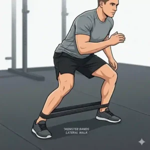 An athlete performing a lateral monster walk exercise using black monster bands around his ankles for glute activation.
