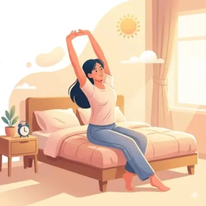 An illustration of a person waking up in bed and performing a morning stretch out stretch to wake up muscles.
