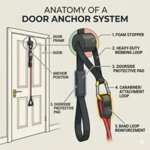 Detailed diagram showing the components of a premium resistance band door anchor, including the foam stopper and protective loop.