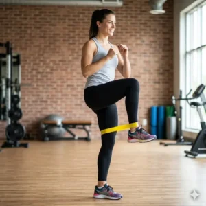 A person doing seated marches as part of their hip flexor exercises with resistance bands.