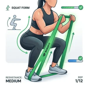 A fitness athlete performing deep squats using a green exercise band to increase leg resistance.