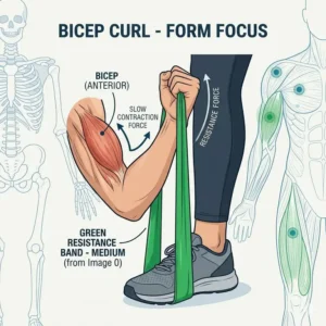Close-up of a person doing bicep curls with a medium-tension green exercise band for arm strength.