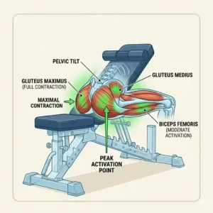 Step-by-step diagram of a user performing a weighted hip thrust using a dedicated glute bench for stability.