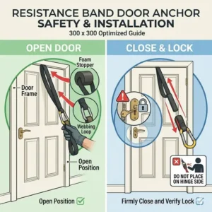 Illustration demonstrating how to position a resistance band door anchor over the top of an open door frame.