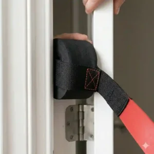 A demonstration showing how to slide a stretch band door anchor over the top hinge side of an open door.