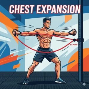 An illustration of an athlete performing a chest expansion exercise using red lifeline resistance tubes for muscle tension.