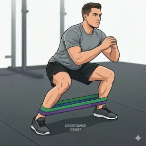 A man performing deep squats with fabric monster bands placed just above his knees to increase leg workout resistance.