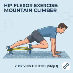 A person in plank position performing mountain climbers for hip flexor exercises with resistance bands.
