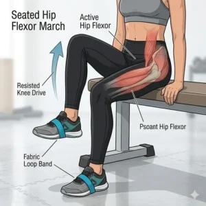 A beginner-friendly seated exercise focusing on the resistance band hip flexor march technique.