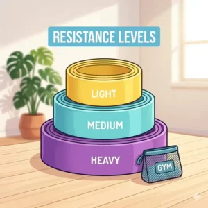Three different colored booty bands representing light, medium, and heavy resistance levels.