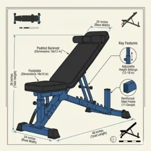 Technical blueprint showing the height, width, and footprint dimensions of a compact glute bench.