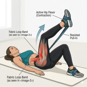 Demonstration of a supine leg pull-in to strengthen the resistance band hip flexor muscles.