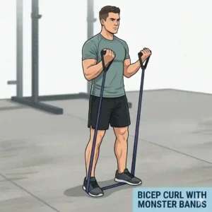 Vector illustration showing the proper form for a standard standing bicep curl using loop monster bands.