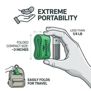 A lightweight and portable green exercise band folded neatly next to a travel bag.