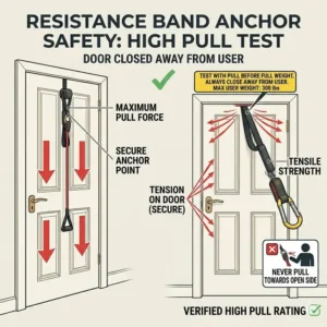Illustration showing a firmly closed and locked door with a resistance band door anchor safely secured on the opposite side.