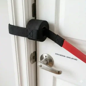 Checking that the door is completely closed and latched shut before pulling on the attached stretch band door anchor.
