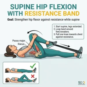 Demonstrating supine hip flexion during hip flexor exercises with resistance bands to build strength.