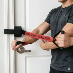 An athlete performing a standing chest press exercise using a stretch band door anchor attached at mid-height.