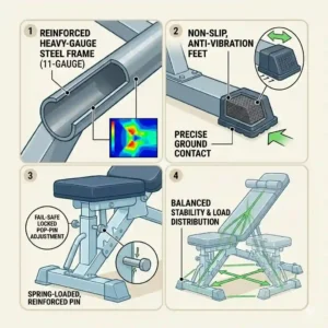 Close-up illustration of the reinforced steel frame and non-slip rubber feet on a heavy-duty glute bench.