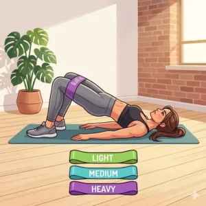 A fitness graphic demonstrating how to perform a glute bridge exercise properly with a booty band.