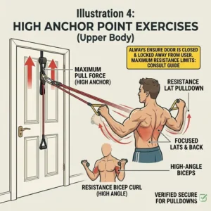 Infographic of upper body fitness exercises using a resistance band door anchor fixed at the top of a door.
