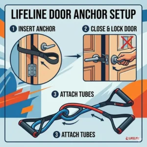 A diagram illustrating how to safely secure lifeline resistance tubes to a standard door frame for home workouts.