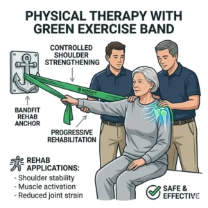 A patient using a green exercise band for controlled shoulder rehabilitation in a physical therapy clinic.