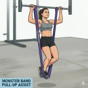 A trainer assisting an athlete doing pull-ups with a purple monster bands loop tied to the bar for suspension support.