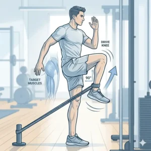 An athlete performing a standing knee drive drill for hip flexor exercises with resistance bands.