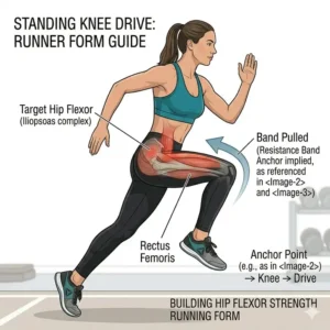 High-intensity standing knee drives using a resistance band hip flexor movement for runners.