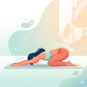 A calming illustration of a woman in child's pose practicing a relaxing yoga stretch out stretch.