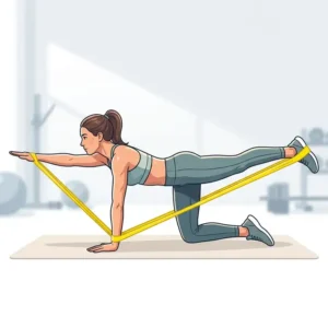Practicing the bird-dog pose variation for hip flexor exercises with resistance bands.