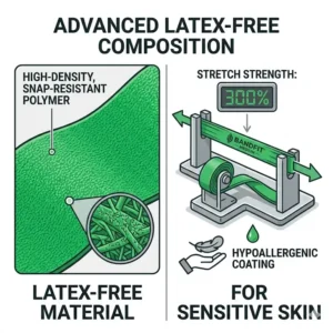 Detailed view of the non-slip and snap-resistant texture of a professional green exercise band.