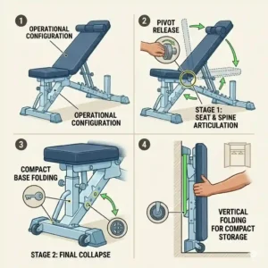 Graphic demonstrating how a foldable glute bench can be stored vertically to save floor space.
