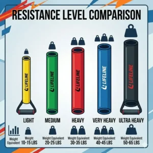A colorful graphic comparing different resistance levels of lifeline resistance tubes ranging from light to professional grade.