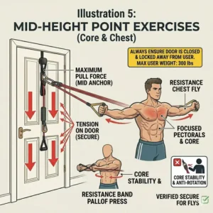 Graphic demonstrating core and chest exercises utilizing a mid-height resistance band door anchor setup.