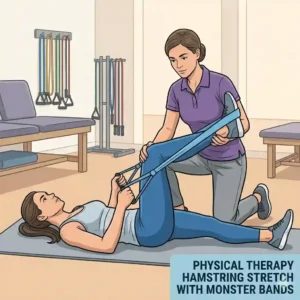 A physical therapist helping a patient stretch her hamstrings and legs using a blue flexible monster bands loop.