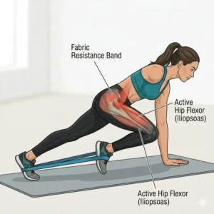 Person doing mountain climbers with extra tension from a resistance band hip flexor loop.