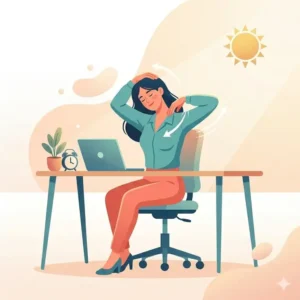 An illustration of a corporate worker doing a chair-based neck and shoulder stretch out stretch during a work break.