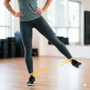 A woman doing diagonal leg lifts as effective hip flexor exercises with resistance bands.