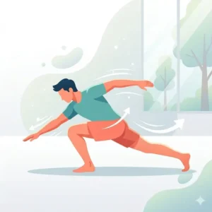 A colorful graphic of a runner executing a dynamic lunging stretch out stretch before a workout.